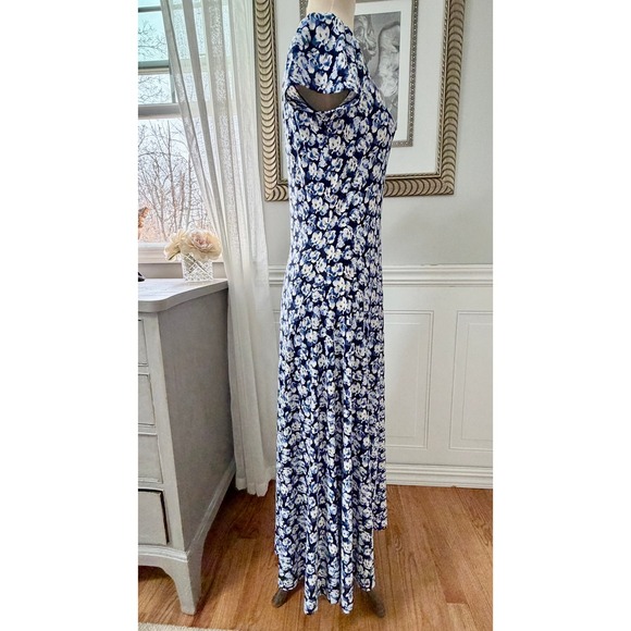 Lauren Ralph Lauren Black Label Maxi Gold Buttons Jersey Blue Floral Prep M - Picture 4 of 9